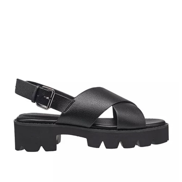 French Connection Rowan Criss Cross Black Chunky Heel Sandals Size 9 NEW - Picture 2 of 12